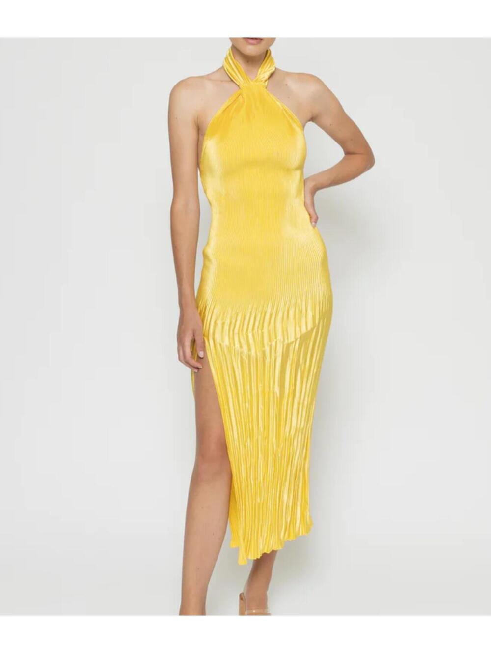 L'IDEE mustard yellow pleated midi dress sz 10